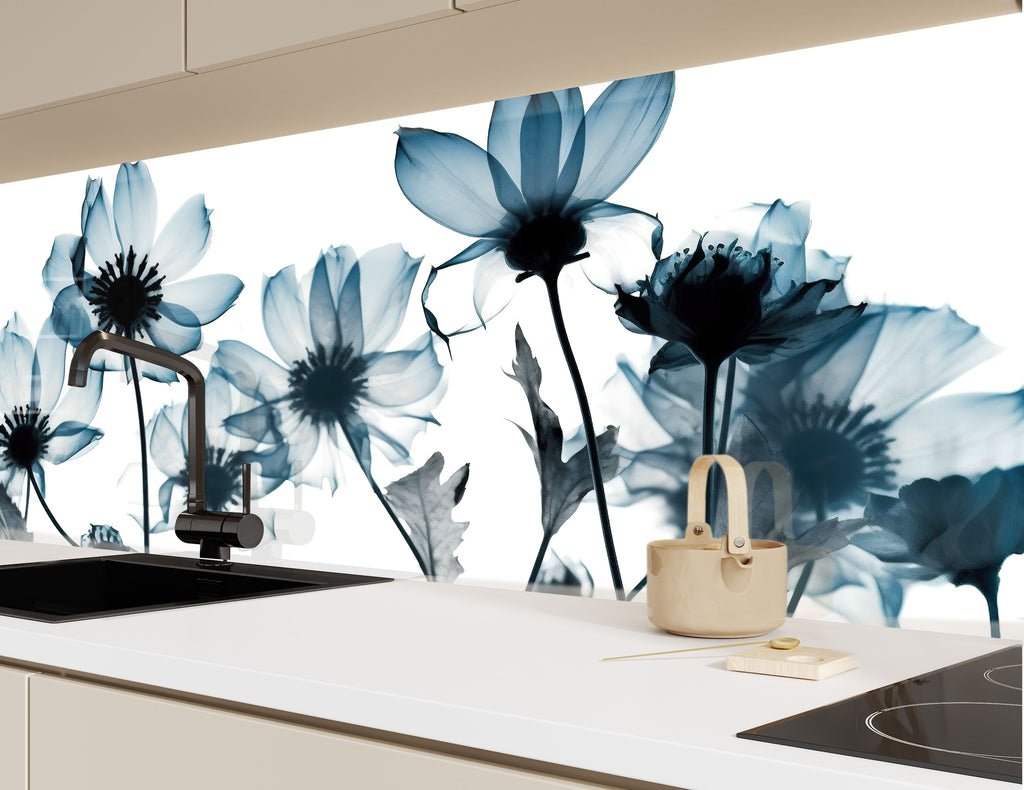 Monochrome Wildflower Elegance - Glass Kitchen Backsplash-BacksplashArtworks