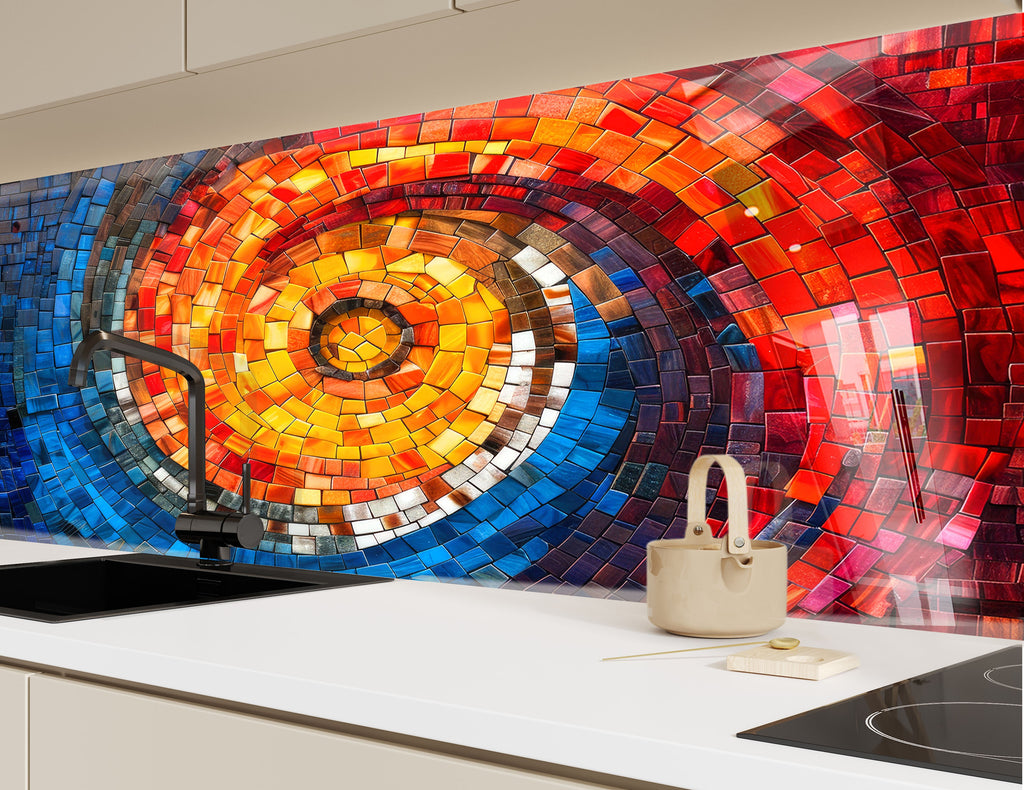 Mosaic Tempered Glass Kitchen Backsplash with Colorful Spiral Design-BacksplashArtworks