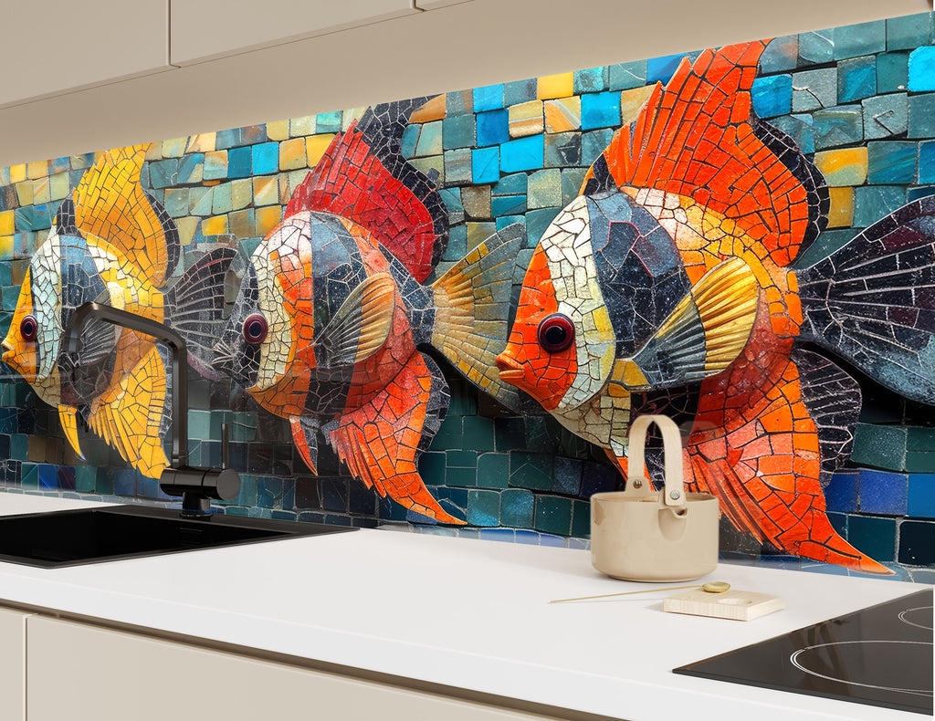 Mosaic-Inspired Glass Kitchen Backsplash with Colored Fish Design-BacksplashArtworks