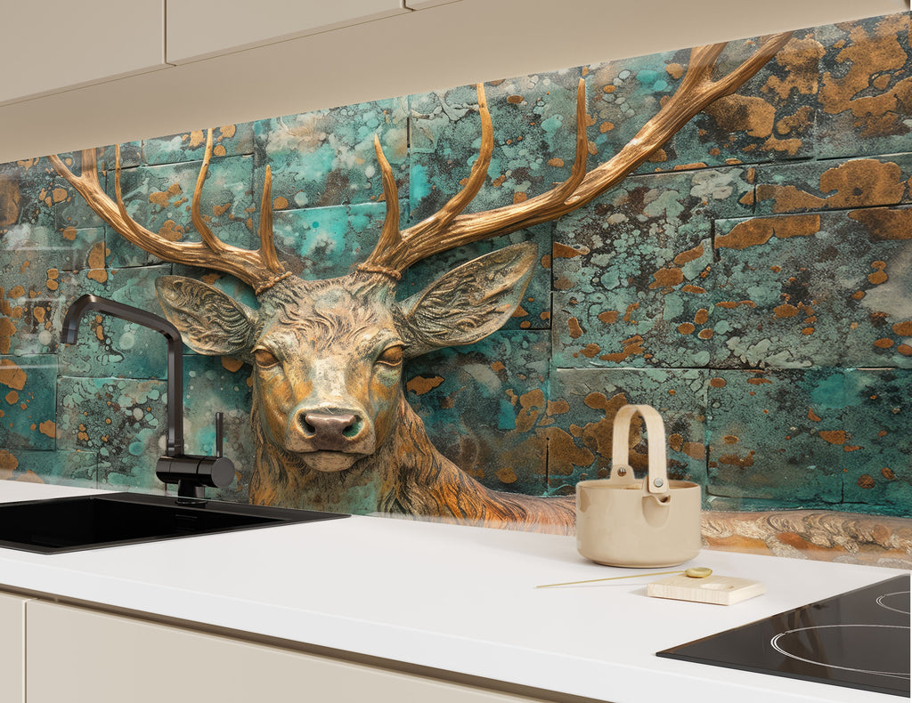 Noble Deer & Aged Copper Elegance - Glass Kitchen Backsplash-BacksplashArtworks