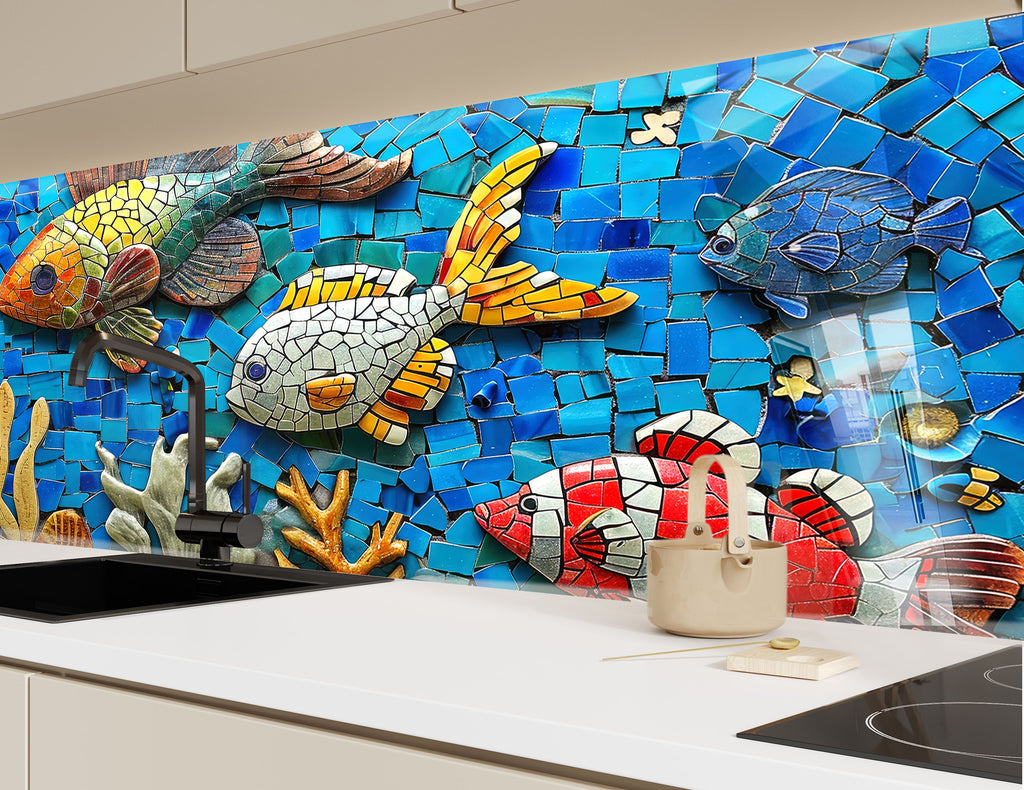 Mosaic Tempered Glass Kitchen Backsplash with Colorful Fish and Coral Design-BacksplashArtworks