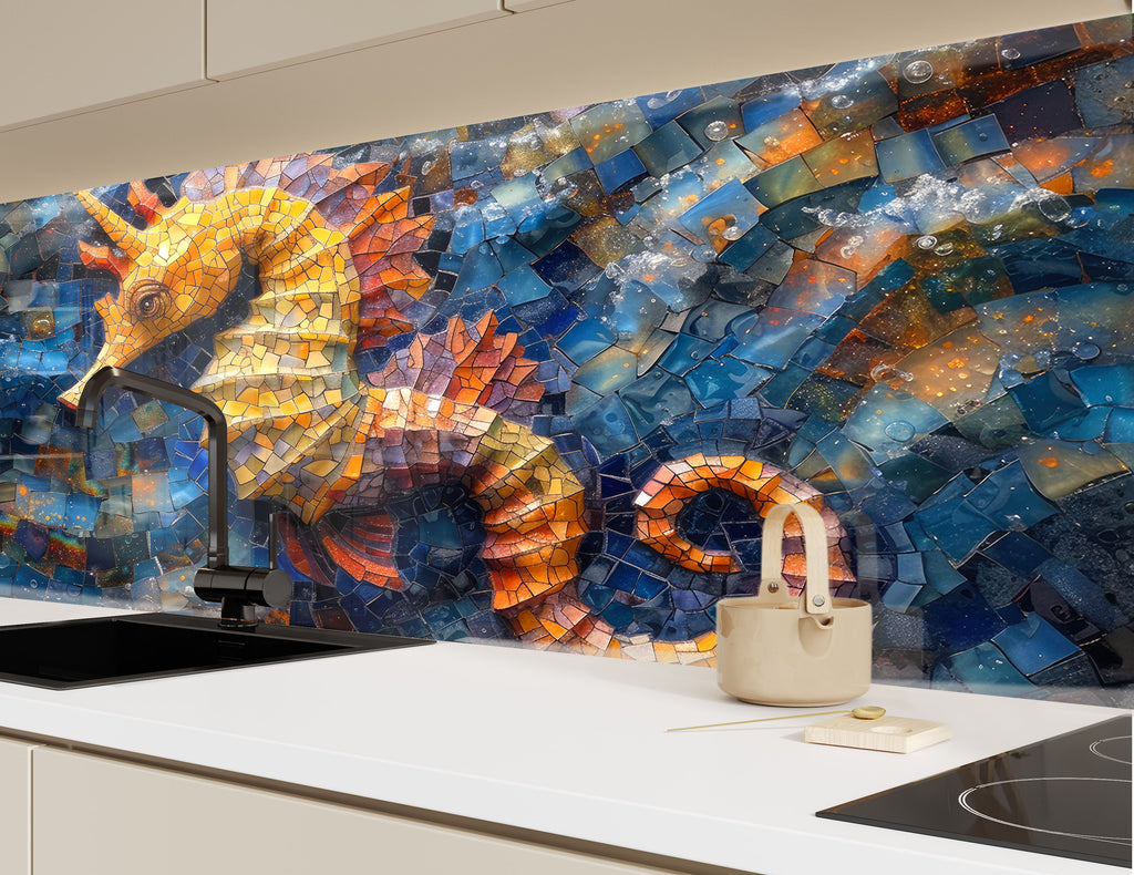 Mosaic-Inspired Tempered Glass Kitchen Backsplash with Seahorse Design-BacksplashArtworks