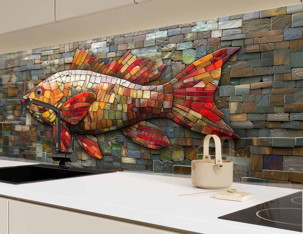Mosaic Glass Kitchen Backsplash with Colorful Fish Design-BacksplashArtworks