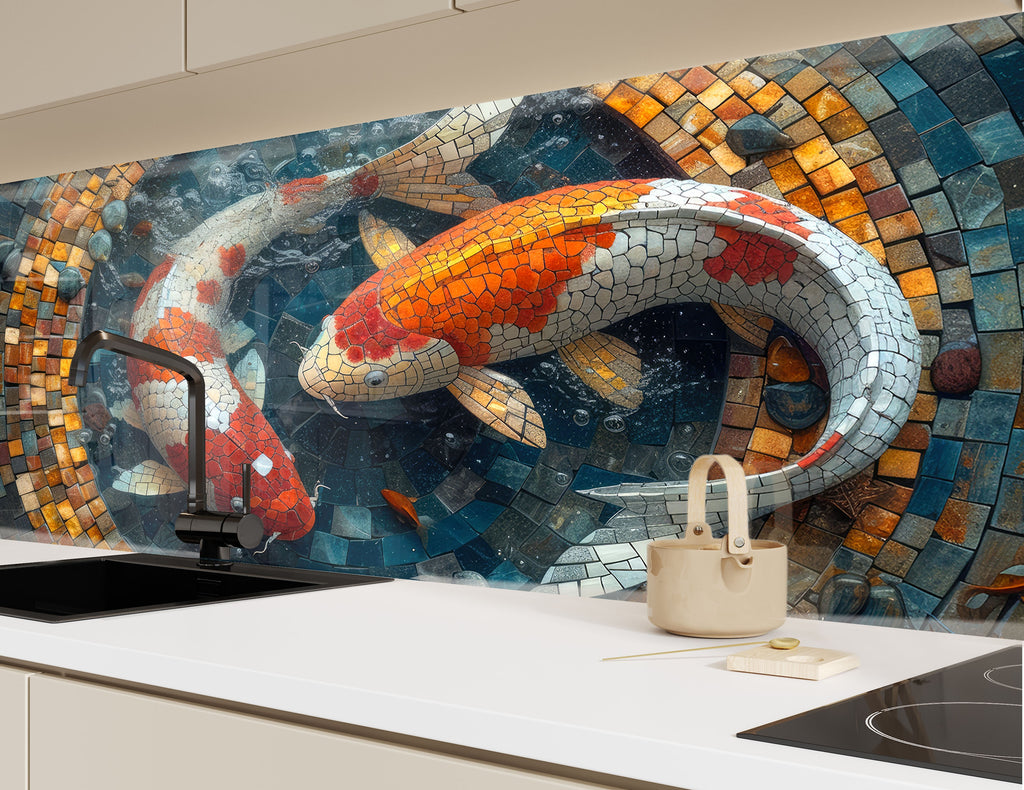 Mosaic-Inspired Glass Kitchen Backsplash with Koi Fish Design-BacksplashArtworks