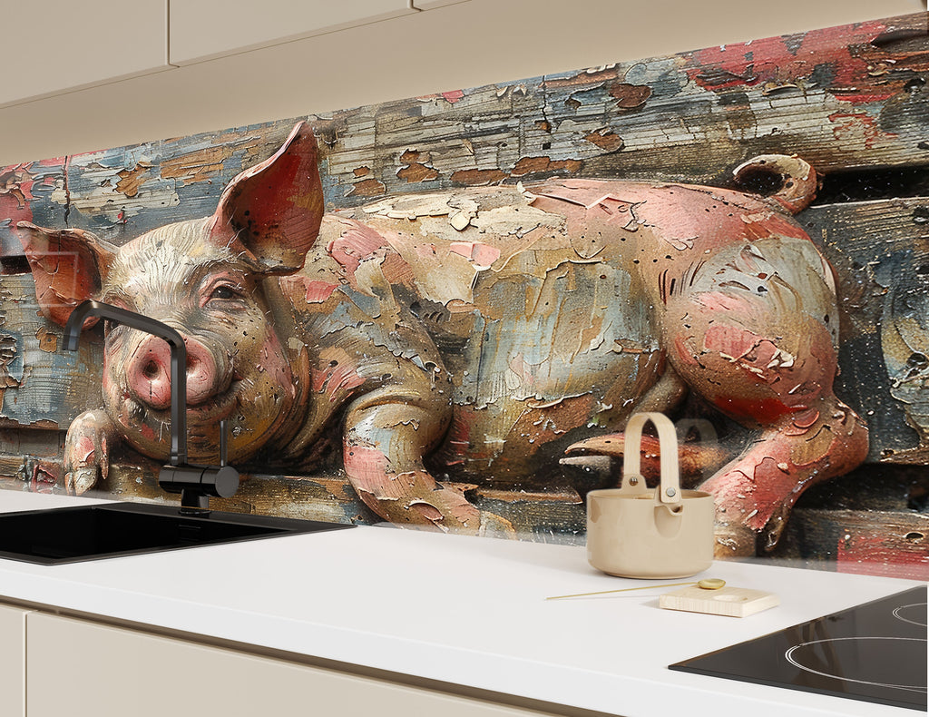 Farmhouse Pig – Glass Kitchen Backsplash-BacksplashArtworks