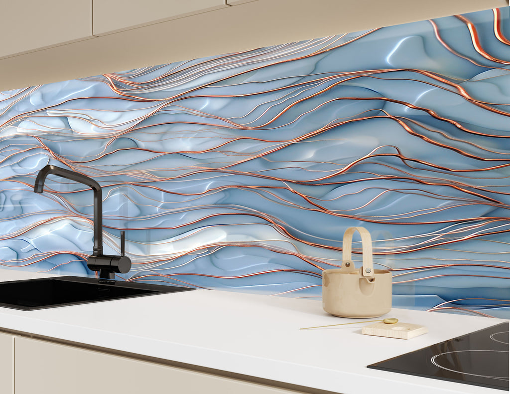 Wave Texture Blue & Copper - Glass Kitchen Backsplash-BacksplashArtworks
