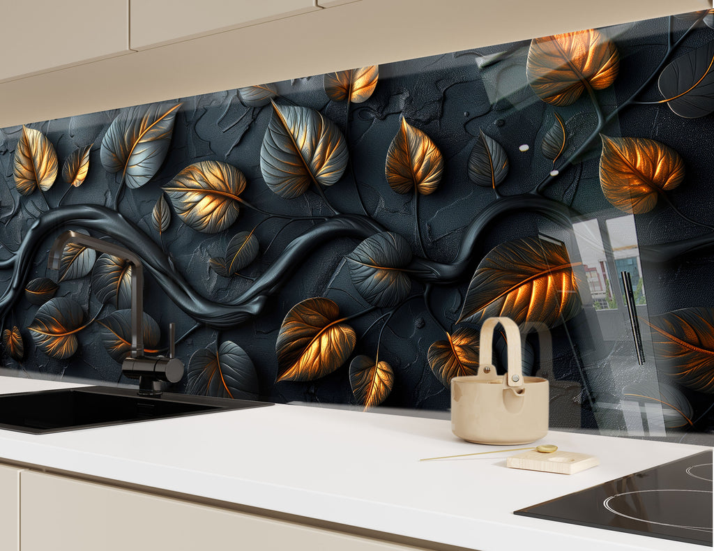 Golden Autumn Leaves - Glass Kitchen Backsplash-BacksplashArtworks