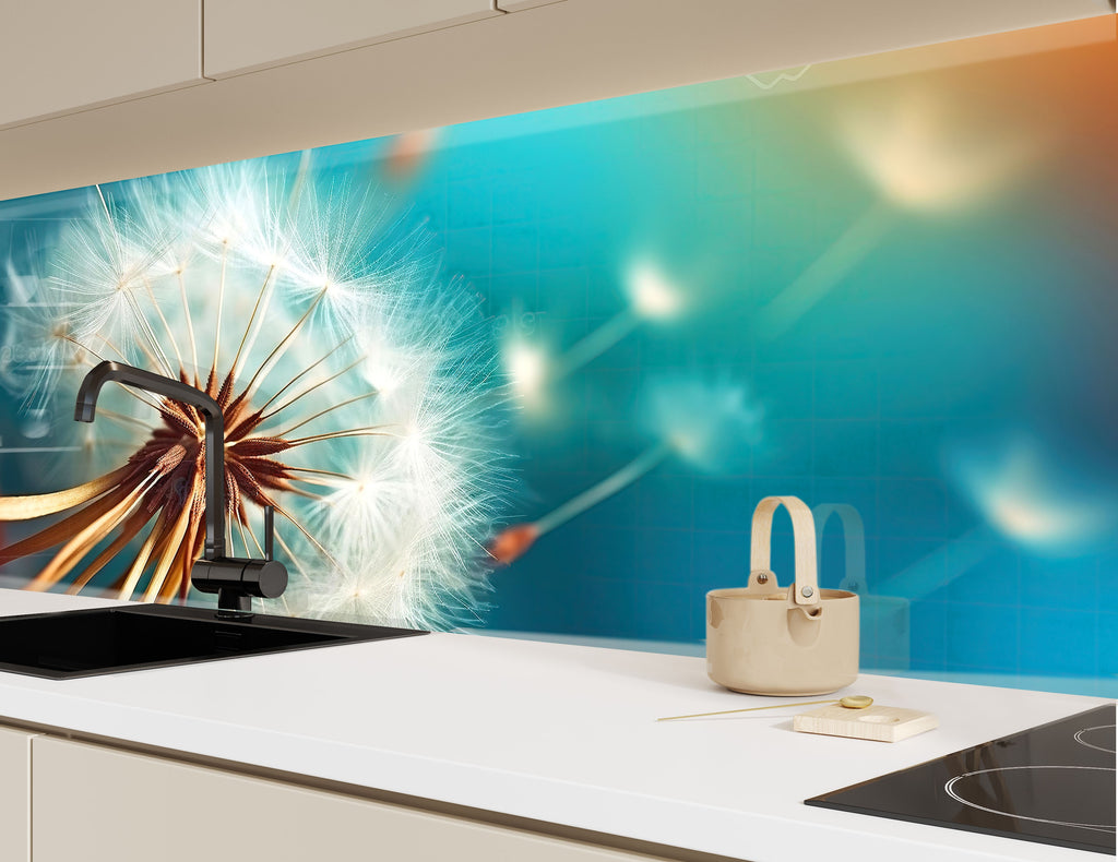 Golden Dandelion Breeze - Glass Kitchen Backsplash-BacksplashArtworks