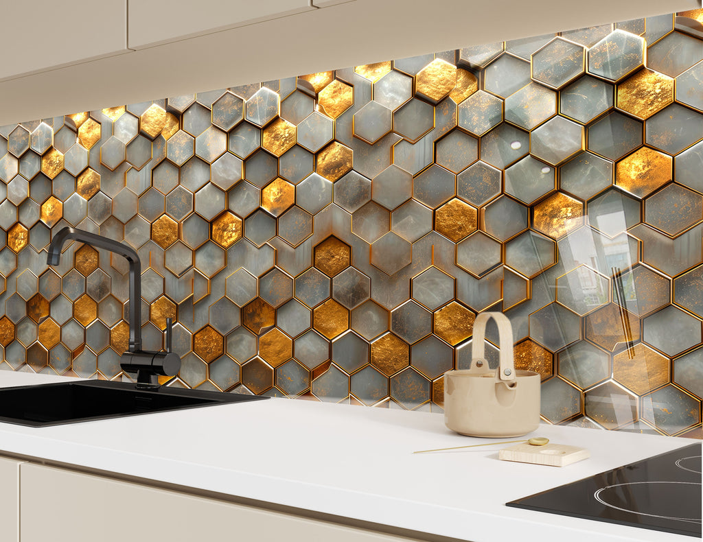 Golden Hexagon - Glass Kitchen Backsplash-BacksplashArtworks
