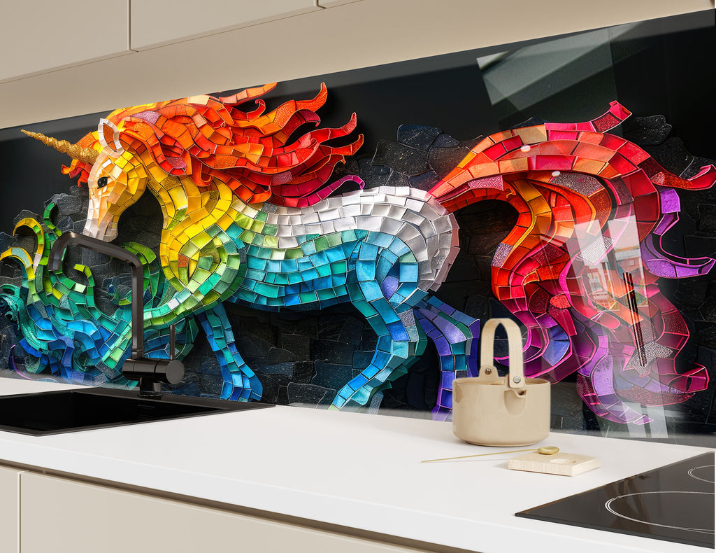 Mosaic Tempered Glass Kitchen Backsplash with Colorful Unicorn Design-BacksplashArtworks