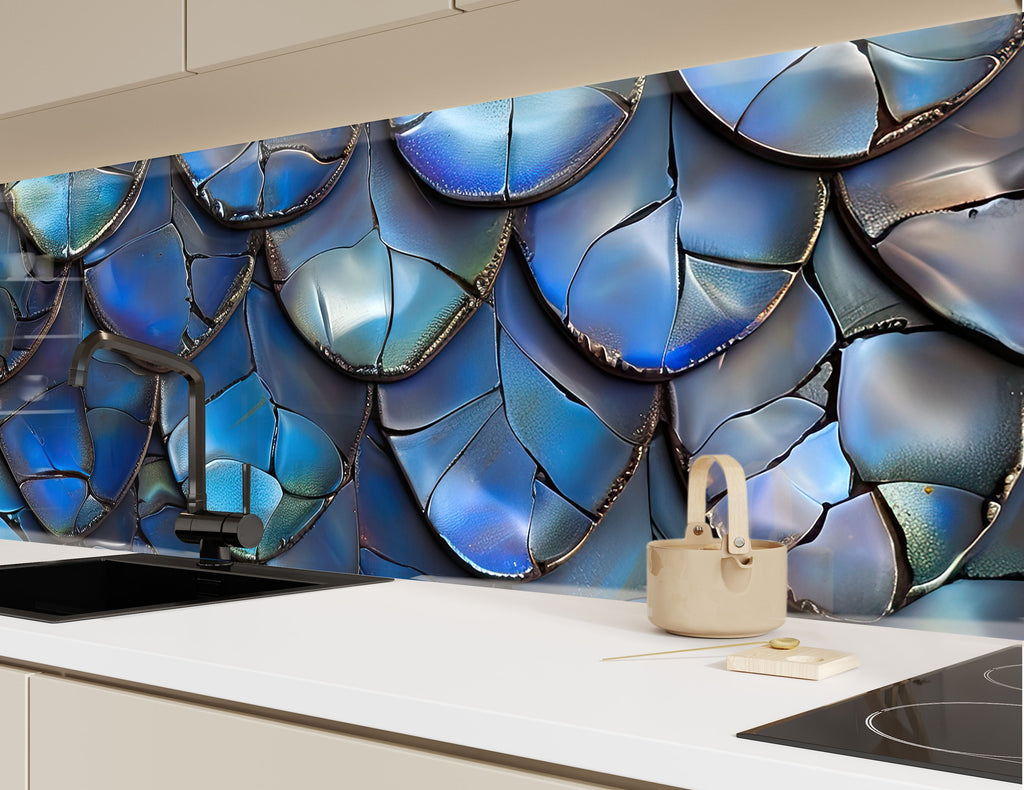 Iridescent Blue Dragon Scale - Glass Kitchen Backsplash-BacksplashArtworks