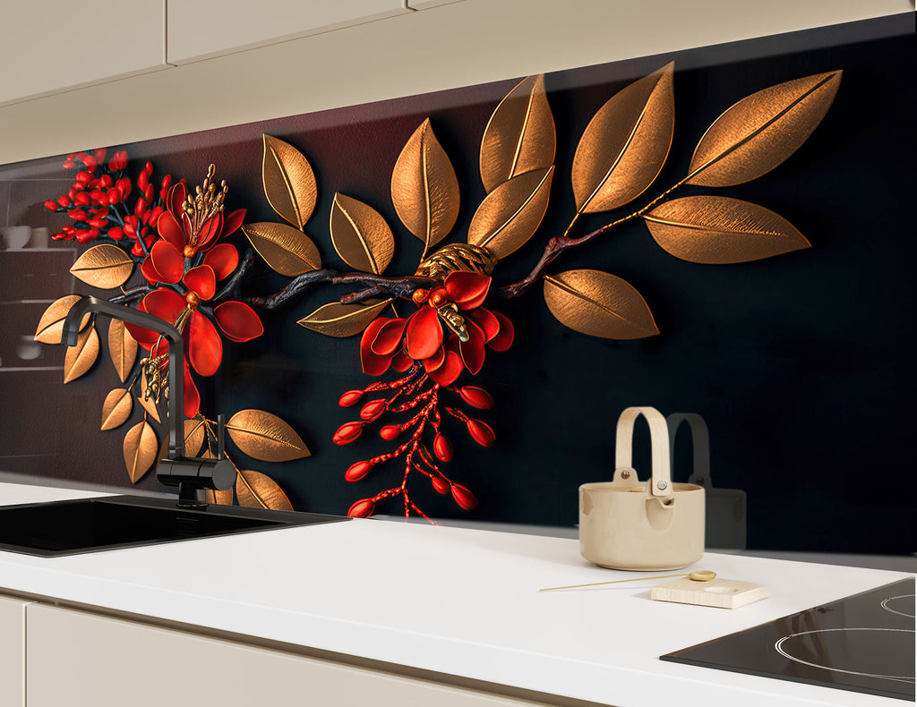 Golden Scarlet Bloom - Glass Kitchen Backsplash-BacksplashArtworks