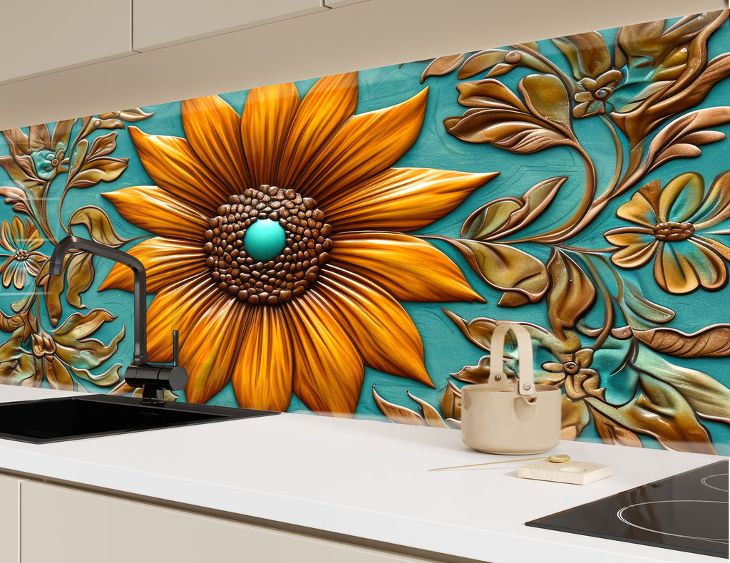 Rustic Sunflower Bloom - Glass Kitchen Backsplash-BacksplashArtworks
