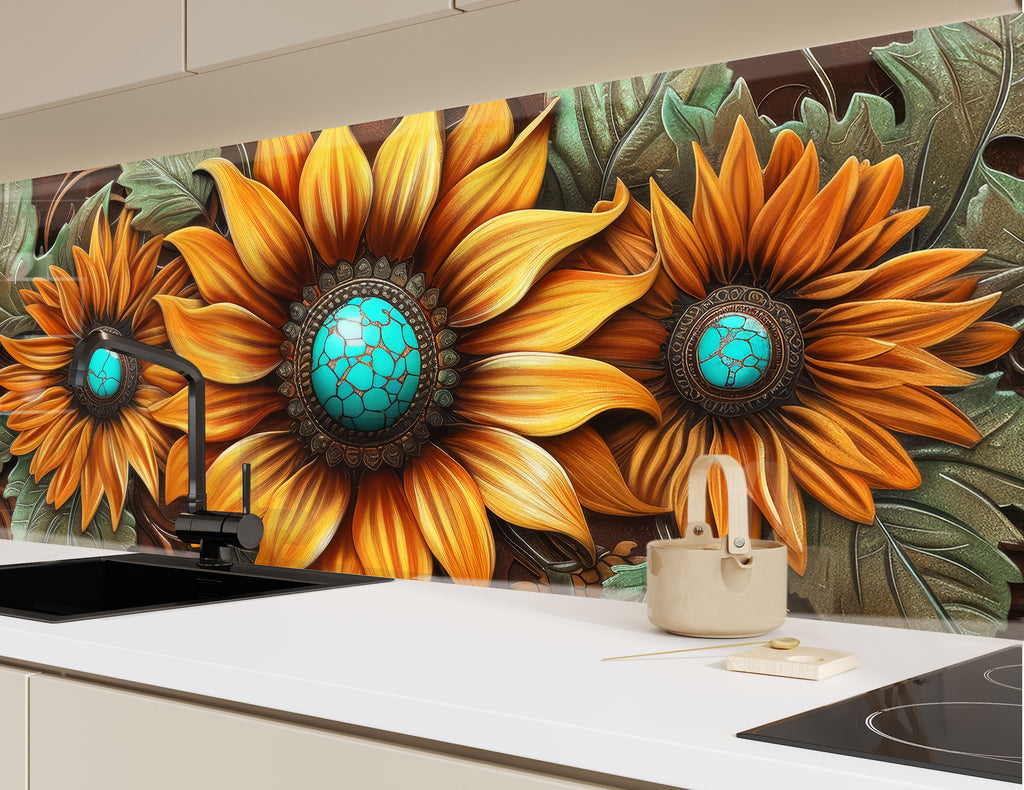 Rustic Sunflower Trio - Glass Kitchen Backsplash-BacksplashArtworks
