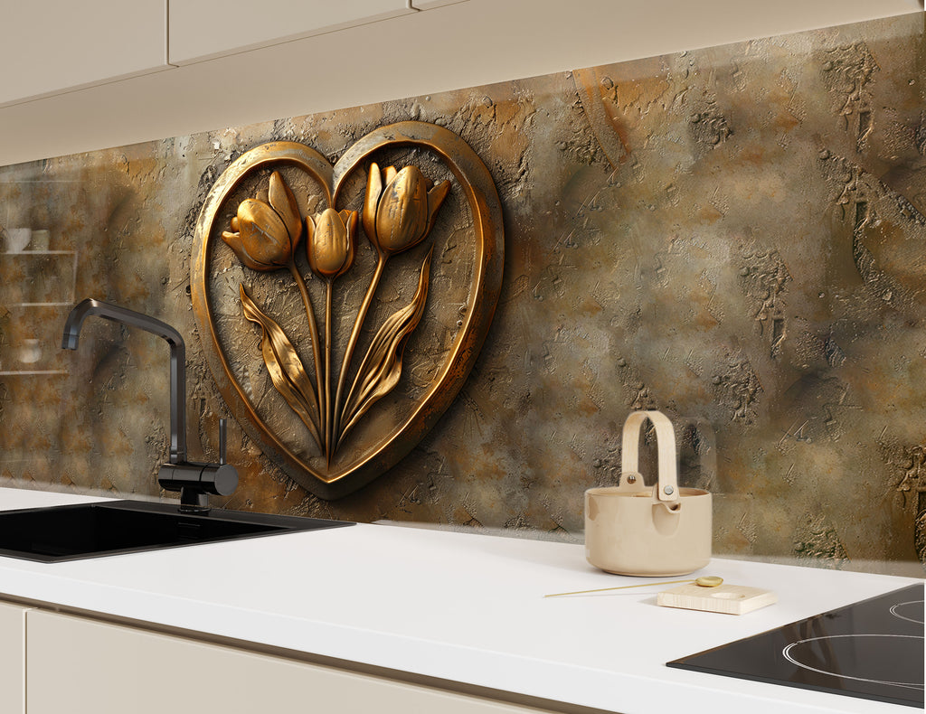 Golden Tulip Heart - Glass Kitchen Backsplash-BacksplashArtworks