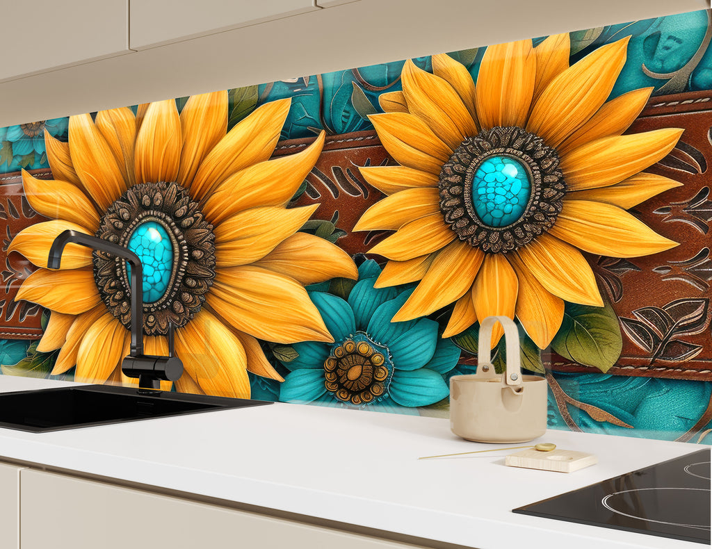 Turquoise Sunflower Radiance - Glass Kitchen Backsplash-BacksplashArtworks