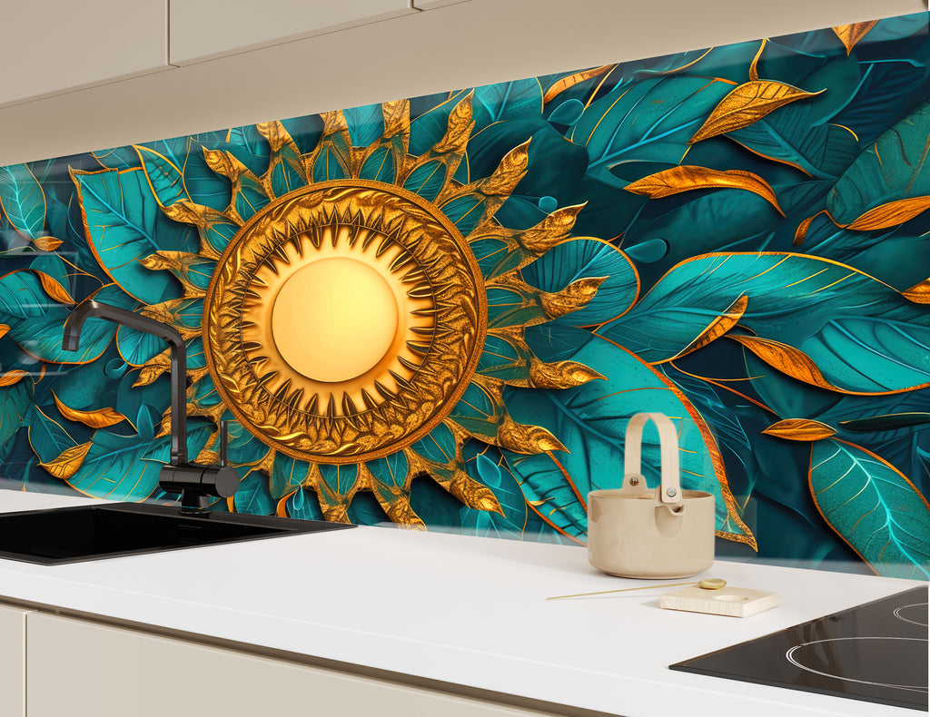 Golden Sun Mandala - Glass Kitchen Backsplash-BacksplashArtworks