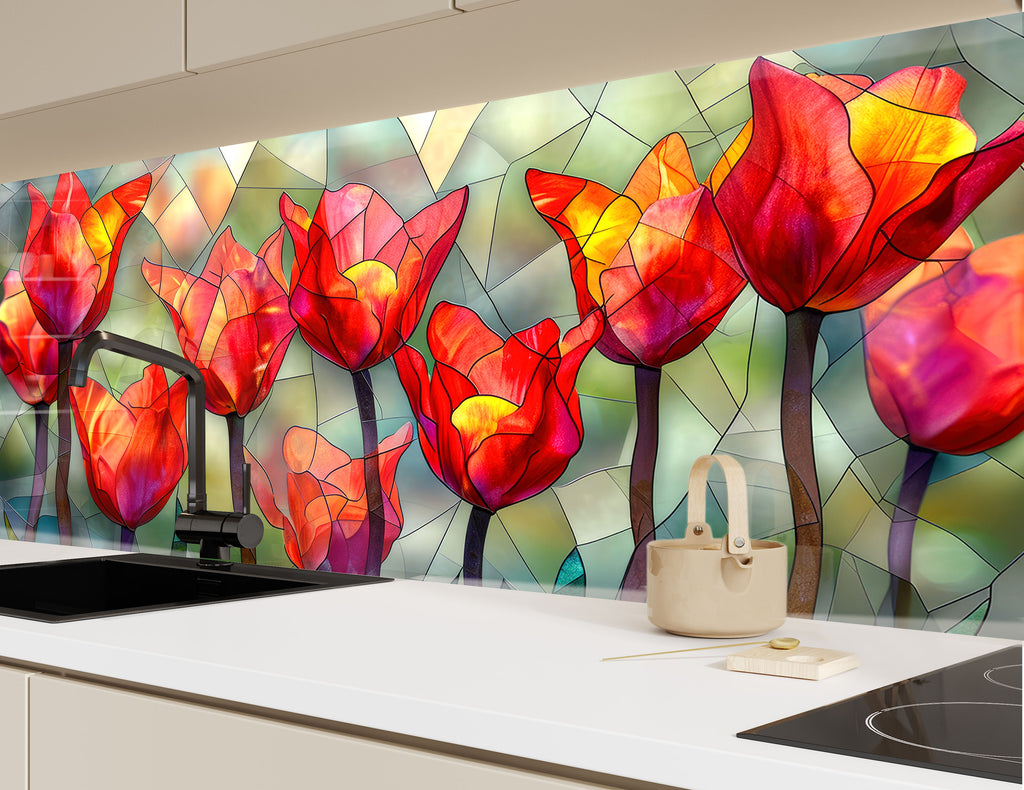 Stained Glass Tulips - Glass Kitchen Backsplash-BacksplashArtworks