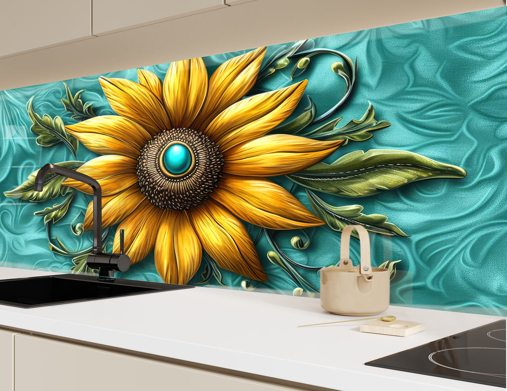 Golden Sunburst Flower - Glass Kitchen Backsplash-BacksplashArtworks