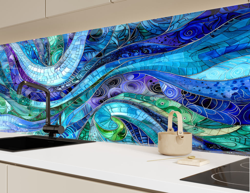 Blue Ocean Waves - Glass Kitchen Backsplash-BacksplashArtworks