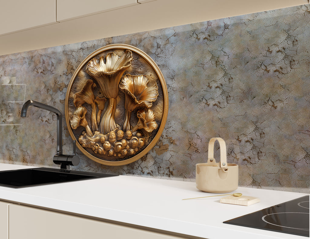 Golden Mushroom Carving - Glass Kitchen Backsplash-BacksplashArtworks