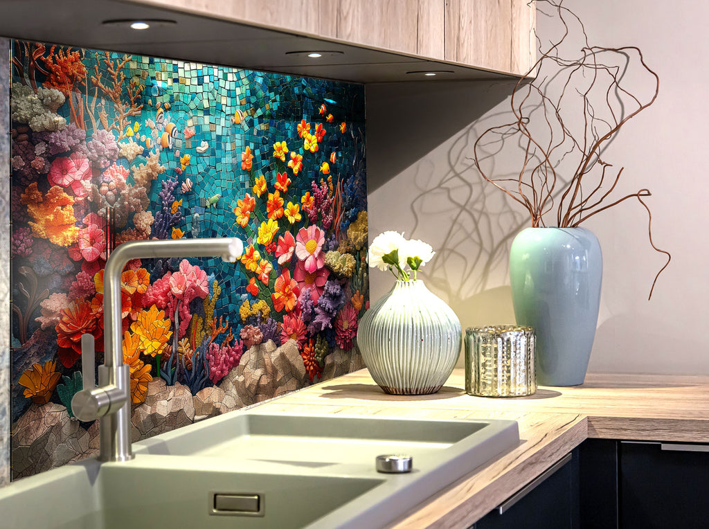 Mosaic-Inspired Tempered Glass Kitchen Backsplash with Colorful Coral Reef Design-BacksplashArtworks