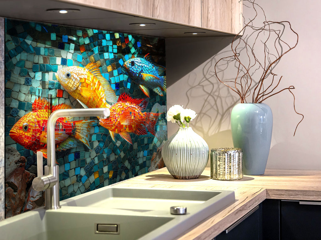 Mosaic-Inspired Glass Kitchen Backsplash with Colorful Fish Design-BacksplashArtworks