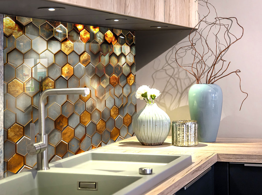Golden Hexagon - Glass Kitchen Backsplash-BacksplashArtworks