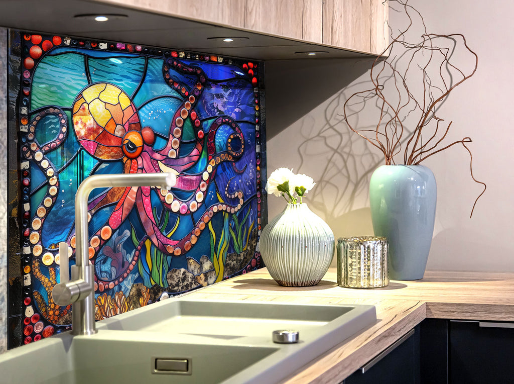 Stained Octopus – Glass Kitchen Backsplash-BacksplashArtworks