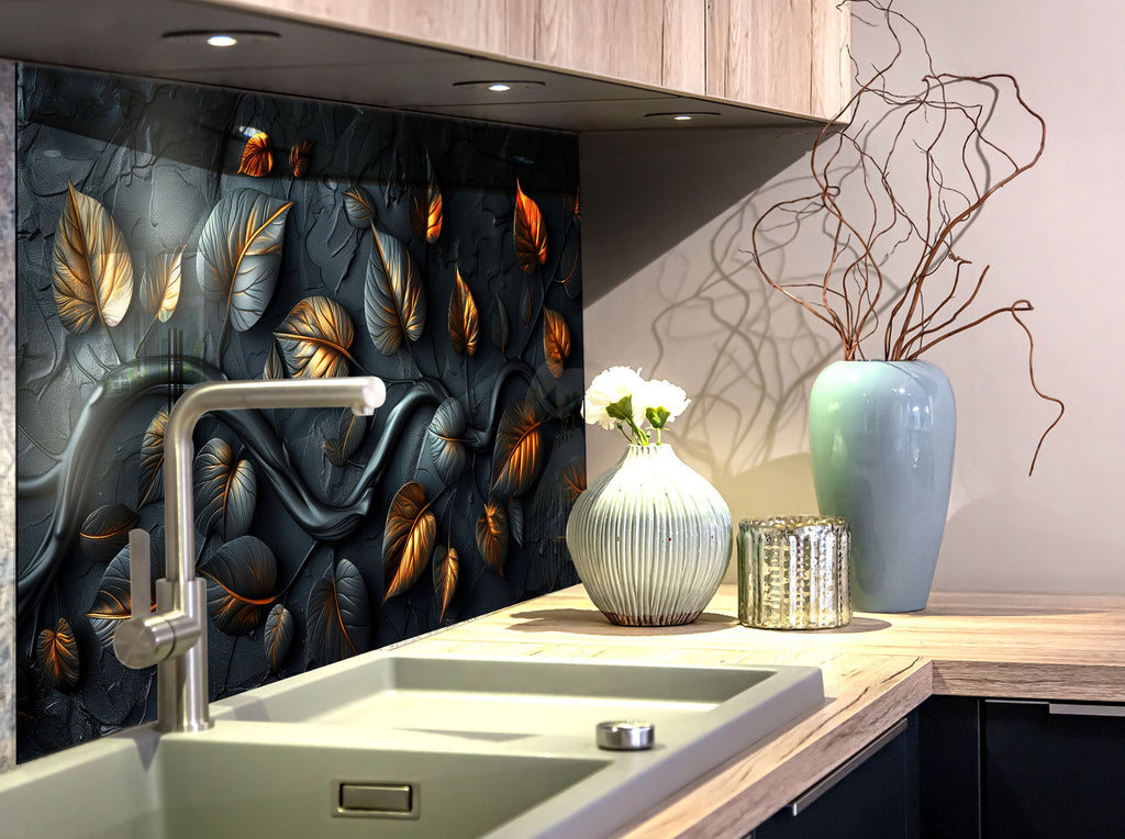 Golden Autumn Leaves - Glass Kitchen Backsplash-BacksplashArtworks