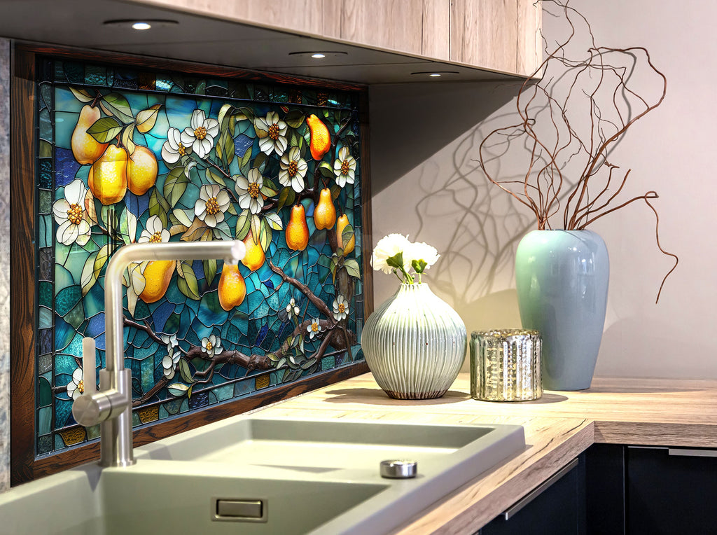 Golden Pear Stained Glass - Glass Kitchen Backsplash-BacksplashArtworks