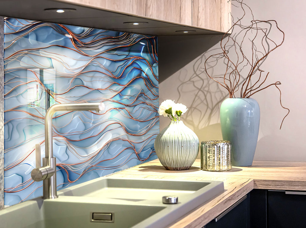 Wave Texture Blue & Copper - Glass Kitchen Backsplash-BacksplashArtworks