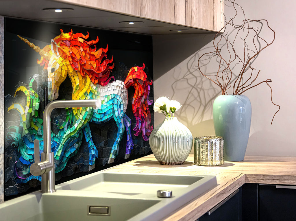 Mosaic Tempered Glass Kitchen Backsplash with Colorful Unicorn Design-BacksplashArtworks