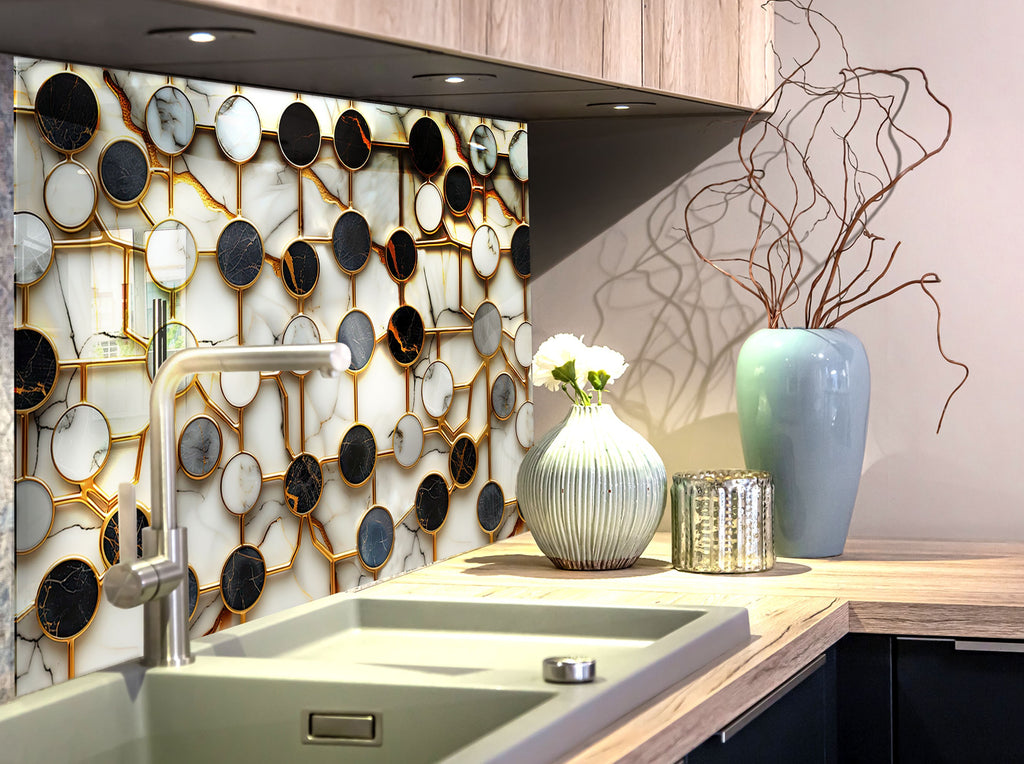 Modern Gold & Marble Circles - Glass Kitchen Backsplash-BacksplashArtworks
