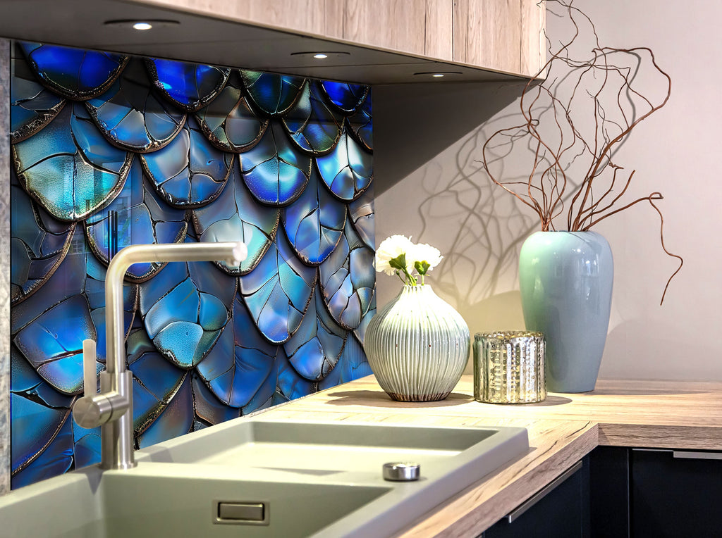 Iridescent Blue Dragon Scale - Glass Kitchen Backsplash-BacksplashArtworks