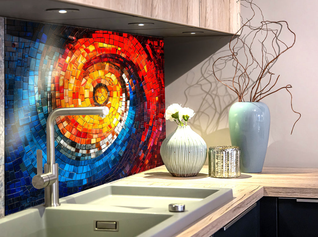 Mosaic Tempered Glass Kitchen Backsplash with Colorful Spiral Design-BacksplashArtworks