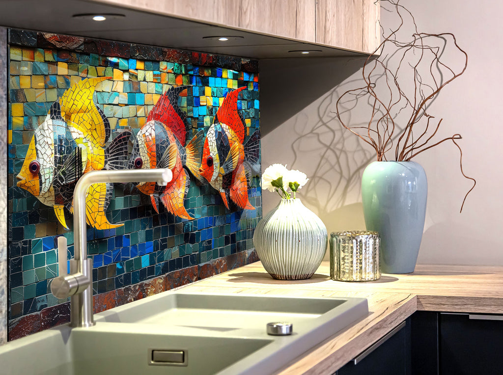 Mosaic-Inspired Glass Kitchen Backsplash with Colored Fish Design-BacksplashArtworks