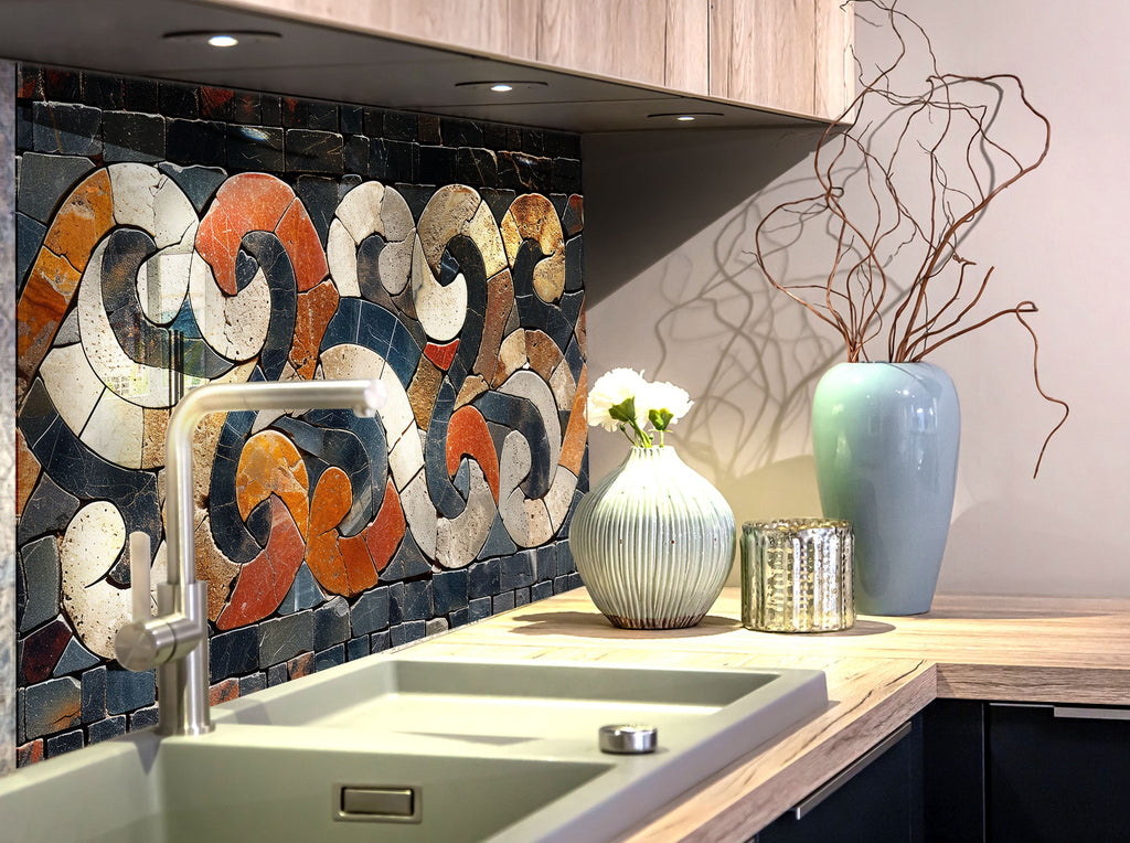 Mosaic Tempered Glass Kitchen Backsplash with Geometric Swirl Design-BacksplashArtworks