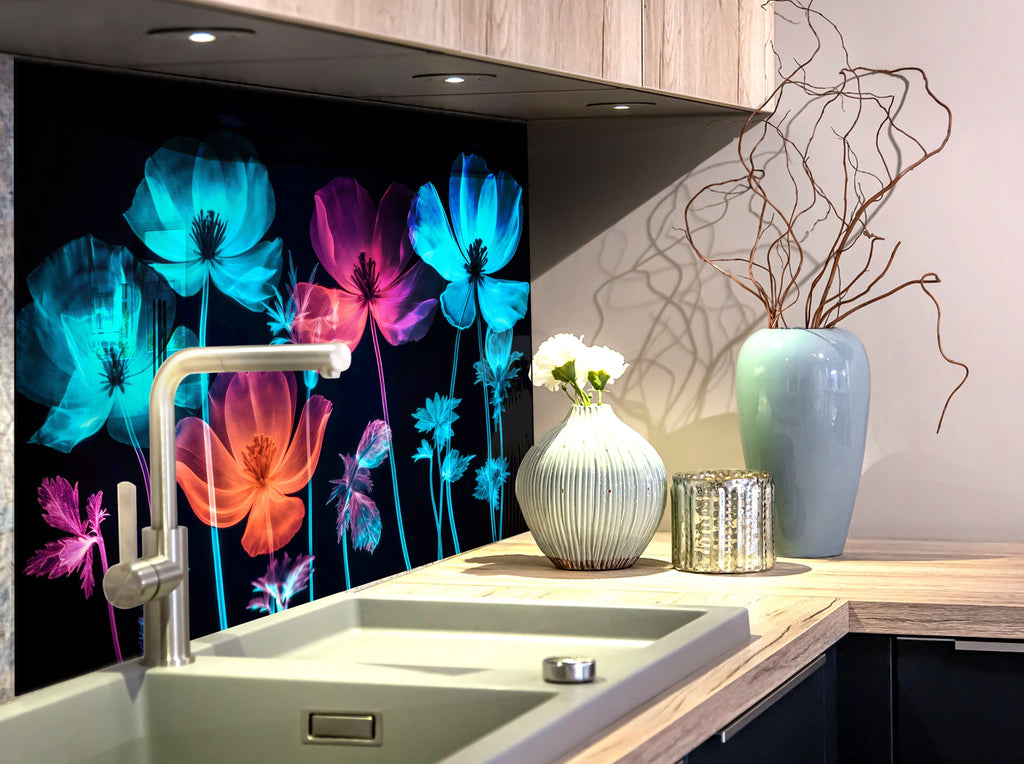 Neon Floral Glow - Glass Kitchen Backsplash-BacksplashArtworks