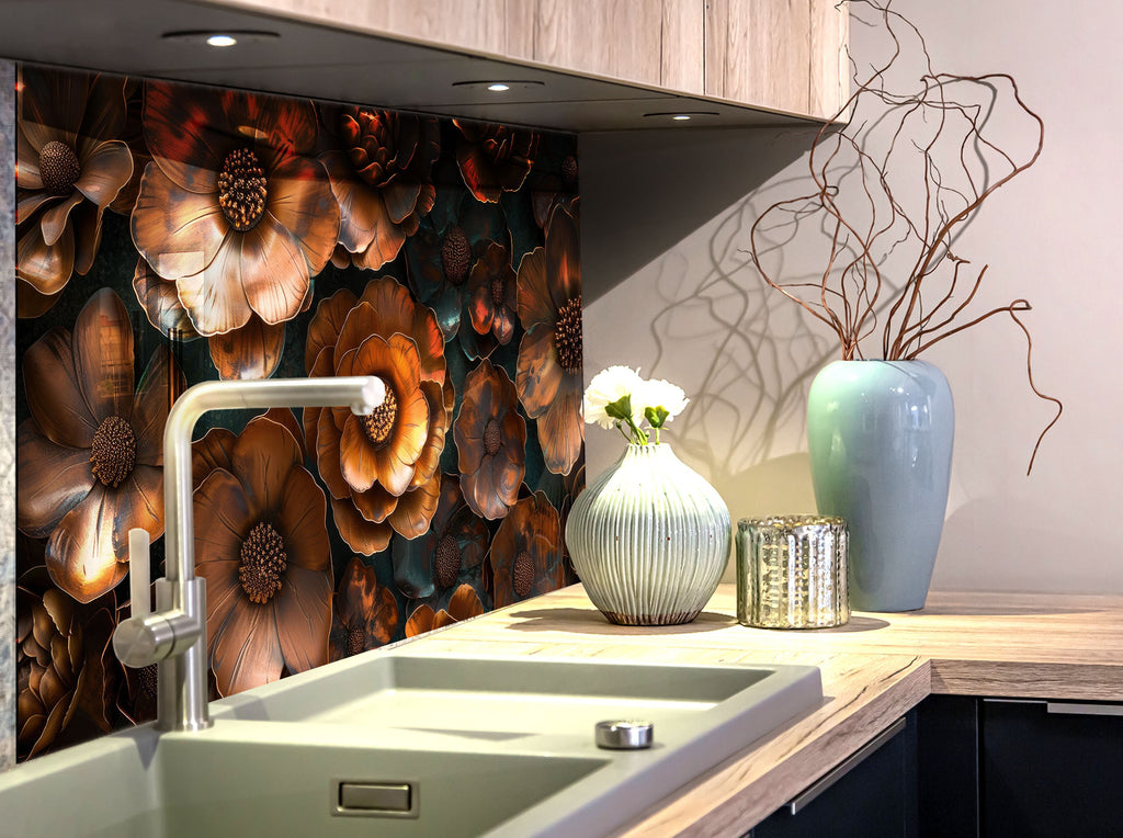 Rustic Metal Floral Art - Glass Kitchen Backsplash-BacksplashArtworks