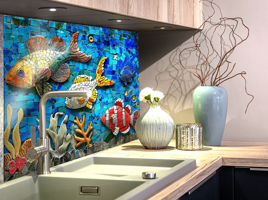 Mosaic Tempered Glass Kitchen Backsplash with Colorful Fish and Coral Design-BacksplashArtworks