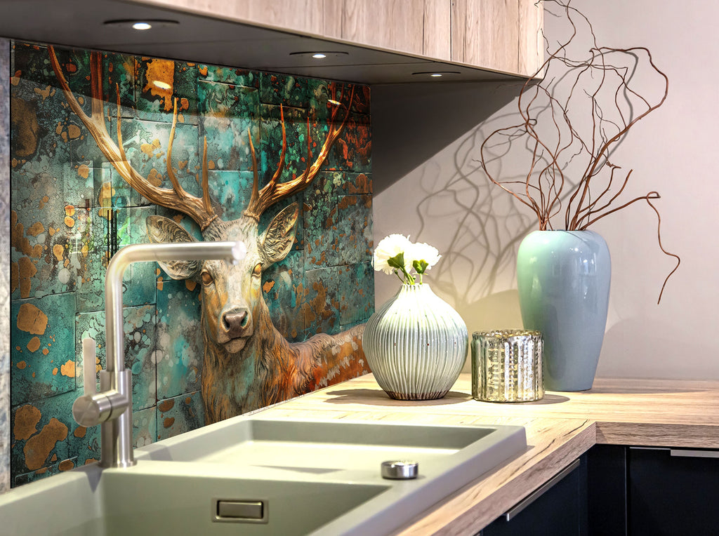 Noble Deer & Aged Copper Elegance - Glass Kitchen Backsplash-BacksplashArtworks