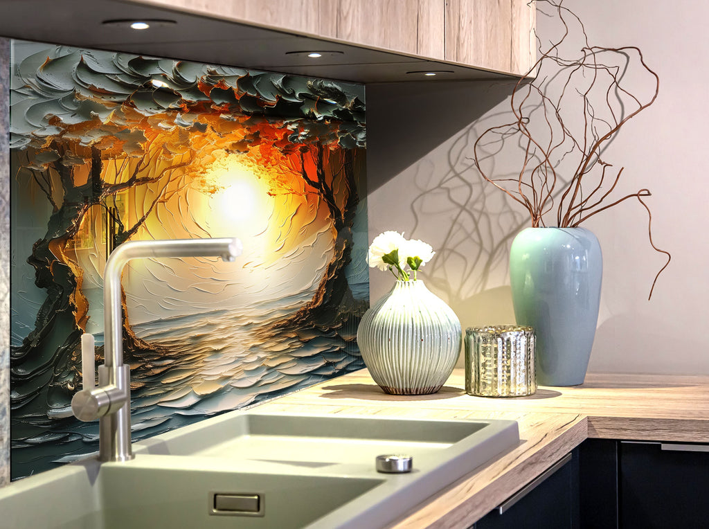 Golden Sunrise Serenity Wall Art - Tempered Glass Kitchen Backsplash-BacksplashArtworks