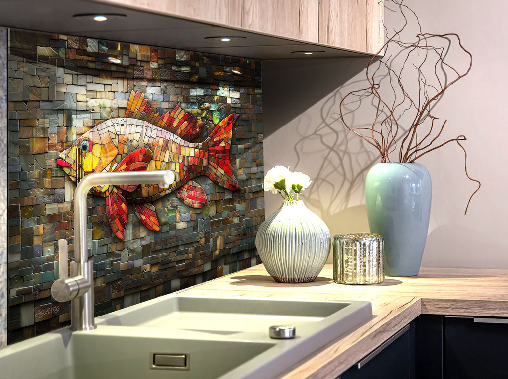 Mosaic Glass Kitchen Backsplash with Colorful Fish Design-BacksplashArtworks