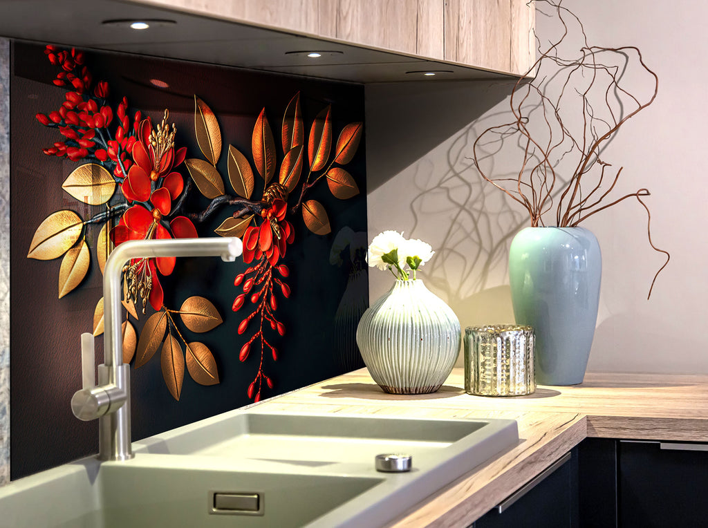 Golden Scarlet Bloom - Glass Kitchen Backsplash-BacksplashArtworks