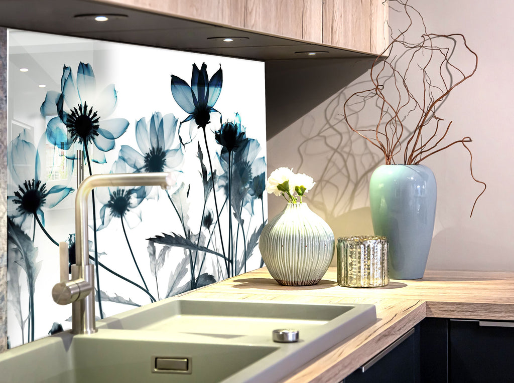 Monochrome Wildflower Elegance - Glass Kitchen Backsplash-BacksplashArtworks