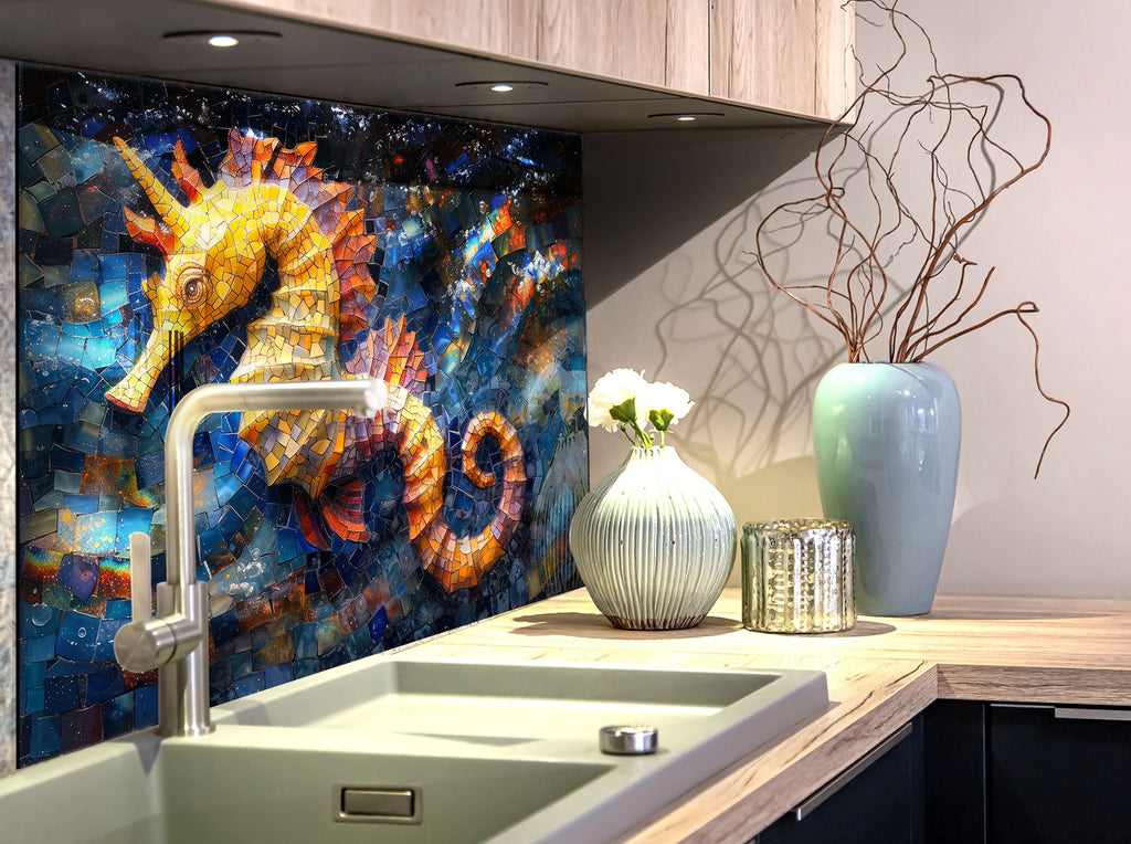 Mosaic-Inspired Tempered Glass Kitchen Backsplash with Seahorse Design-BacksplashArtworks