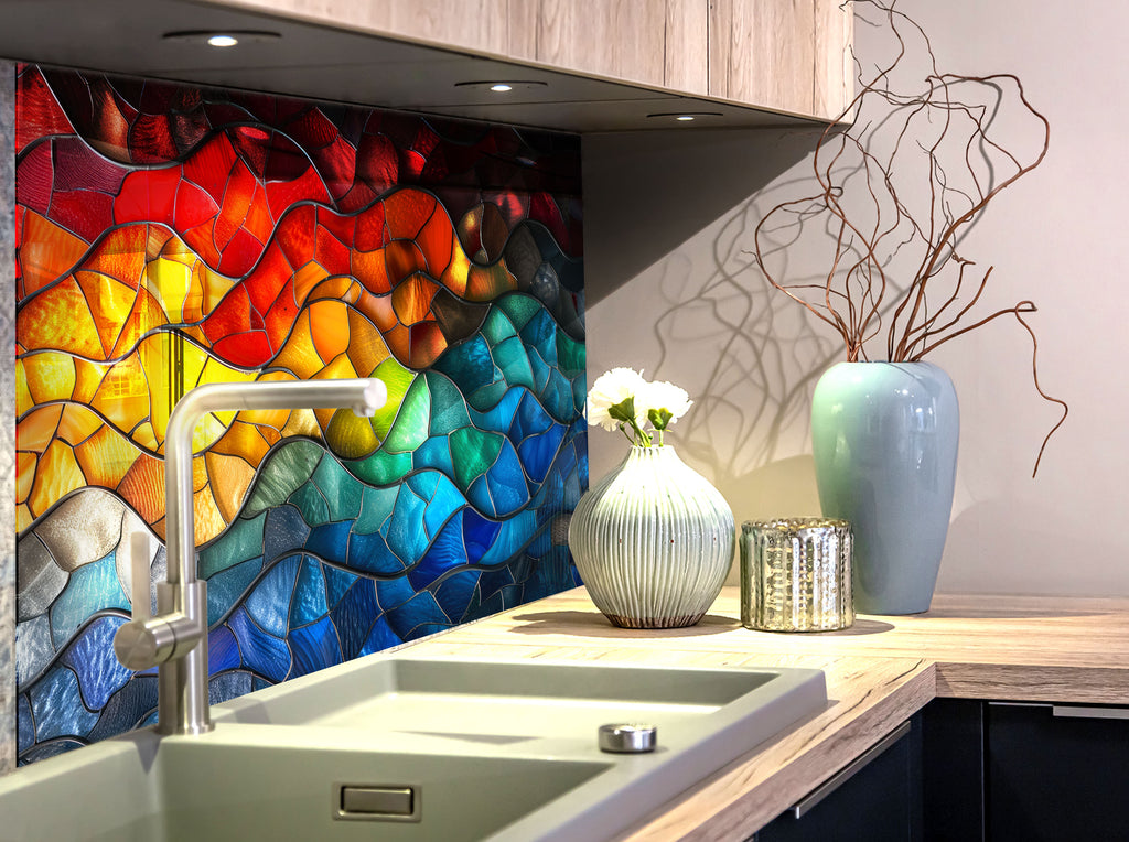 Rainbow Waves Stained - Glass Kitchen Backsplash-BacksplashArtworks