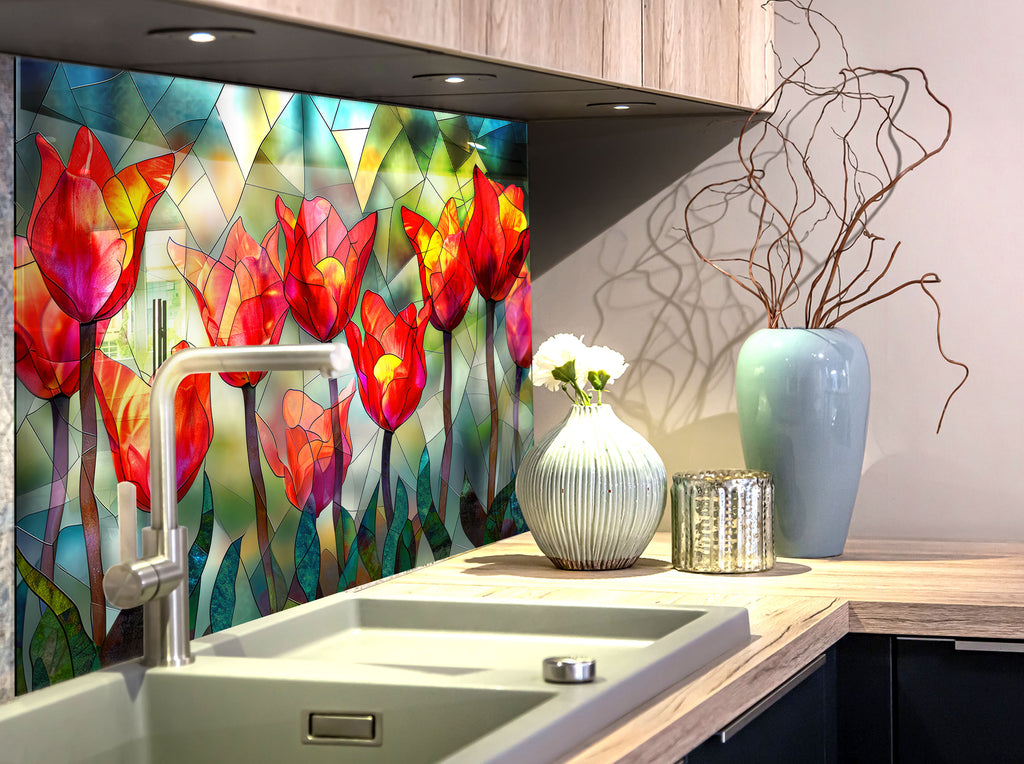 Stained Glass Tulips - Glass Kitchen Backsplash-BacksplashArtworks