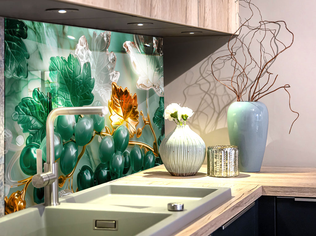 Golden Vineyard Grapes - Glass Kitchen Backsplash-BacksplashArtworks